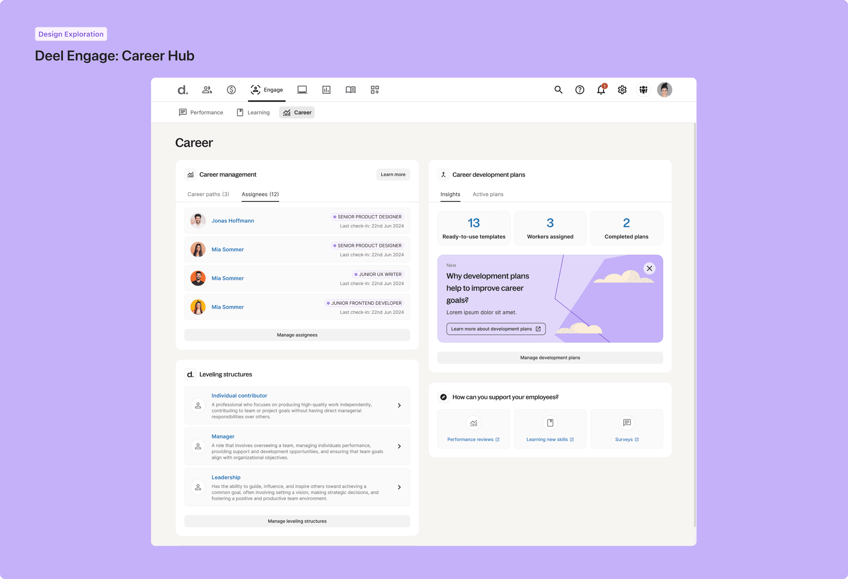Deel Engage career and performance product UI — 6 of 9