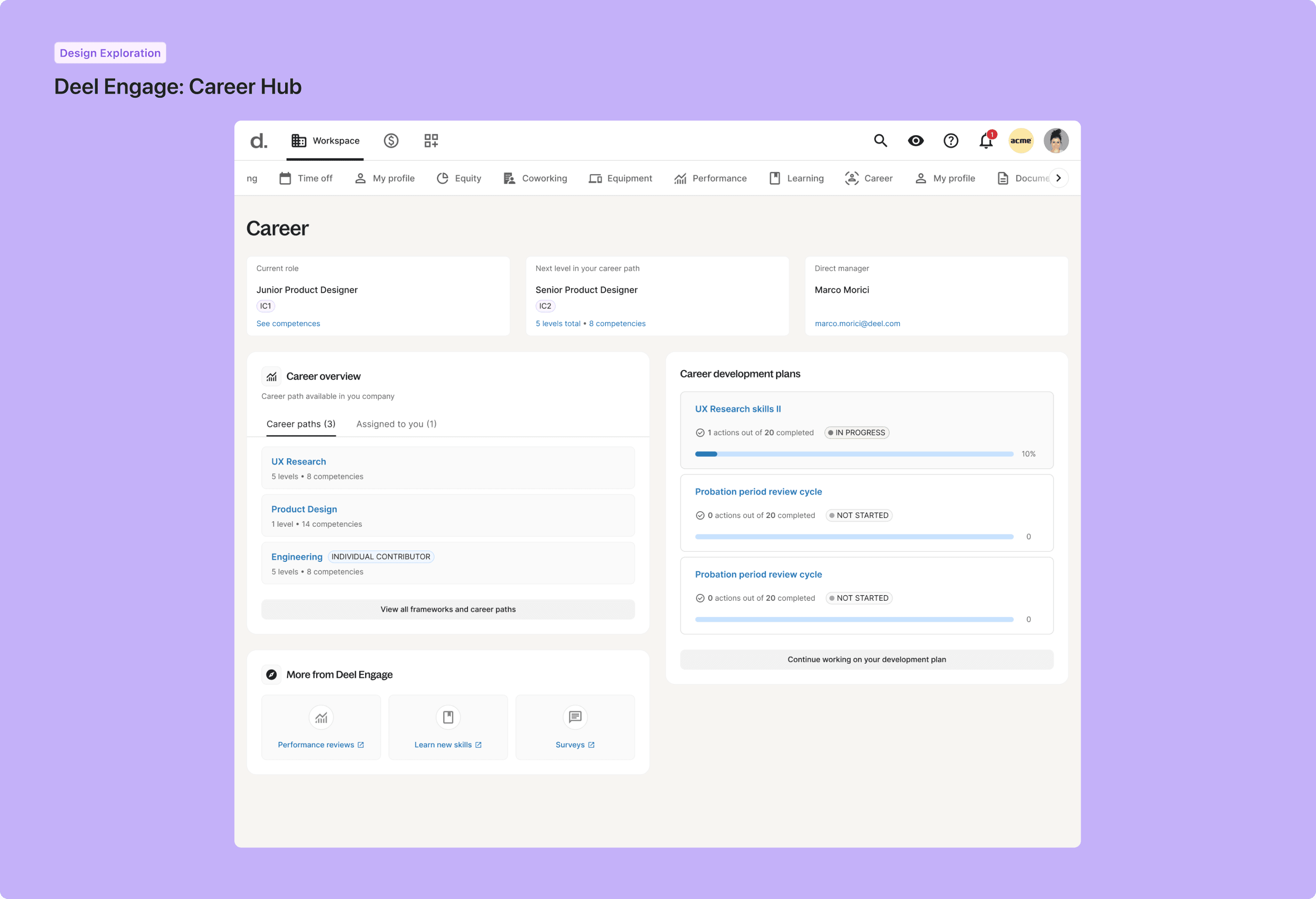 Deel Engage career and performance product UI — 7 of 9