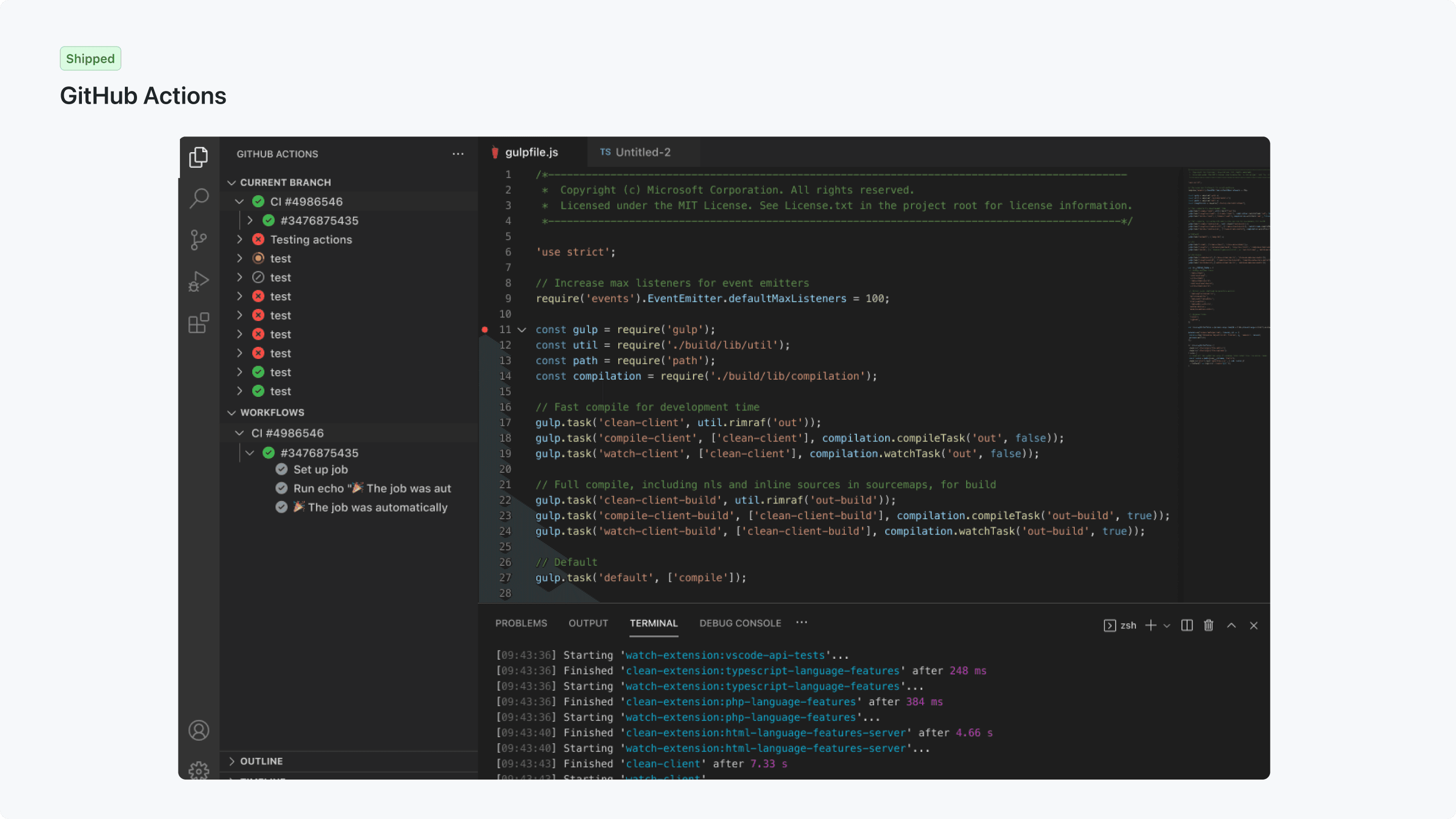 GitHub Actions product and VS Code integration UI — 3 of 7