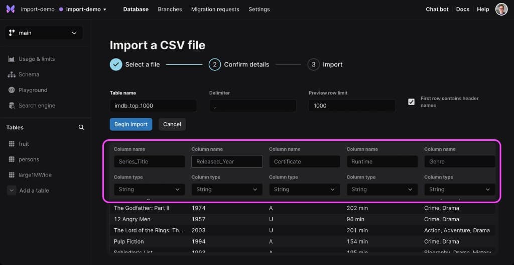 Xata brand and database UI — CSV import, errors, and table actions — 3 of 5