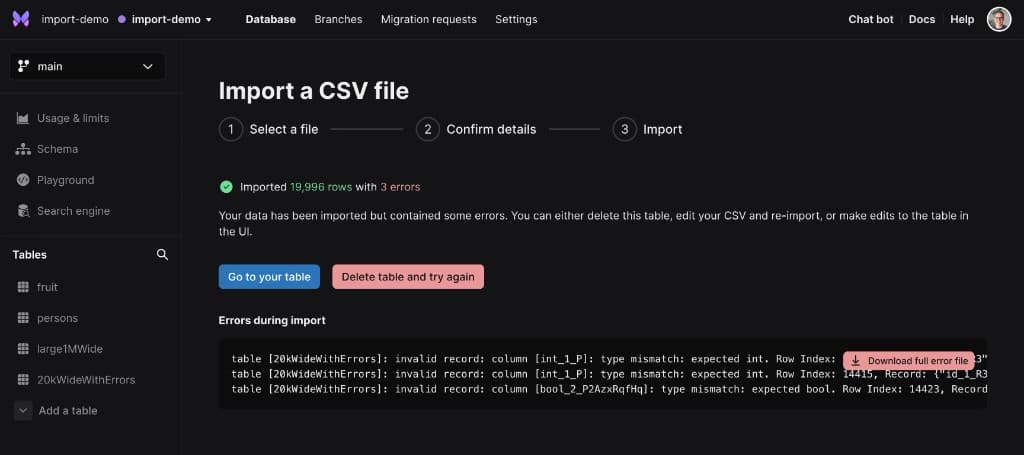 Xata brand and database UI — CSV import, errors, and table actions — 4 of 5