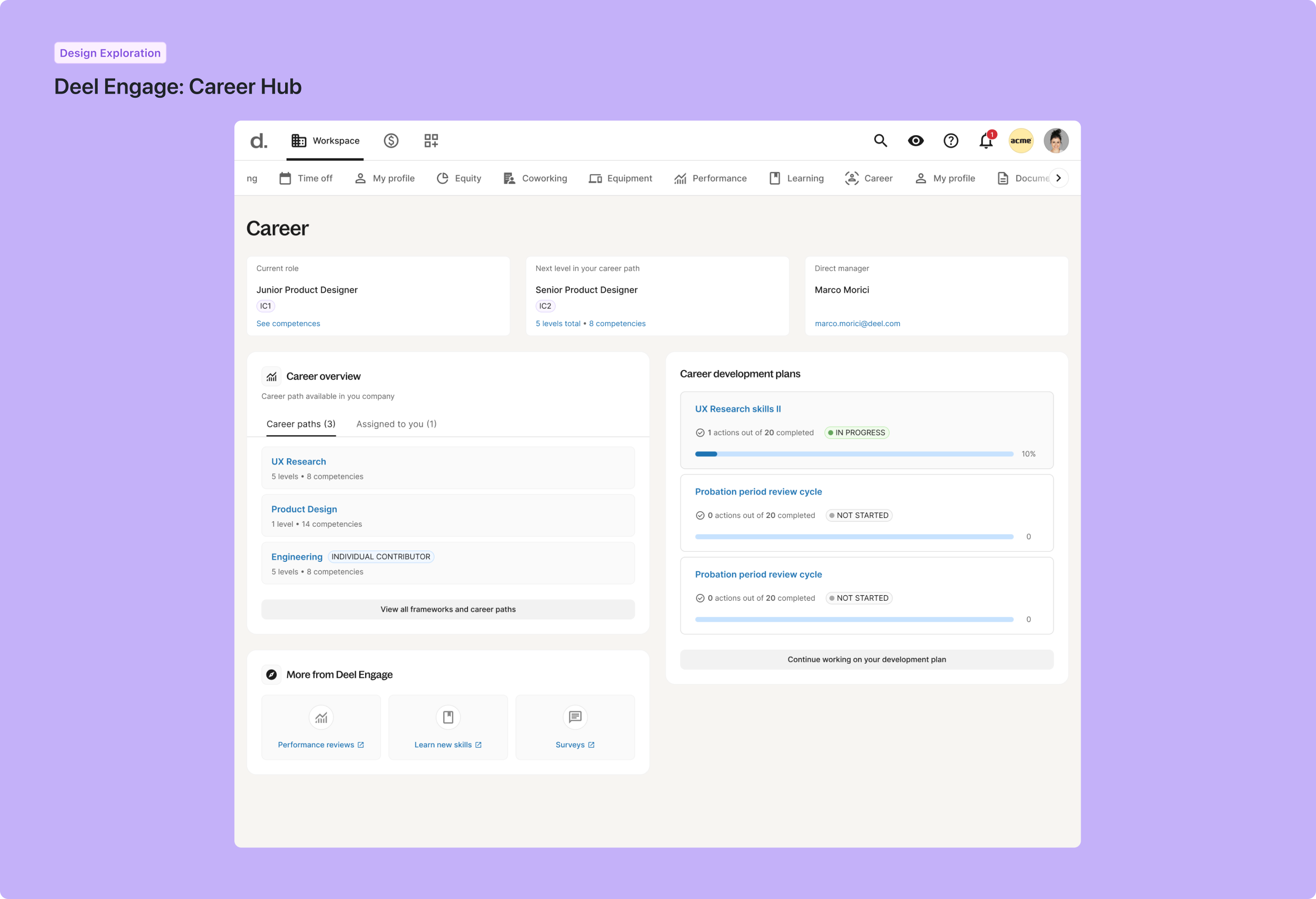 Deel Engage career and performance product UI — 7 of 9