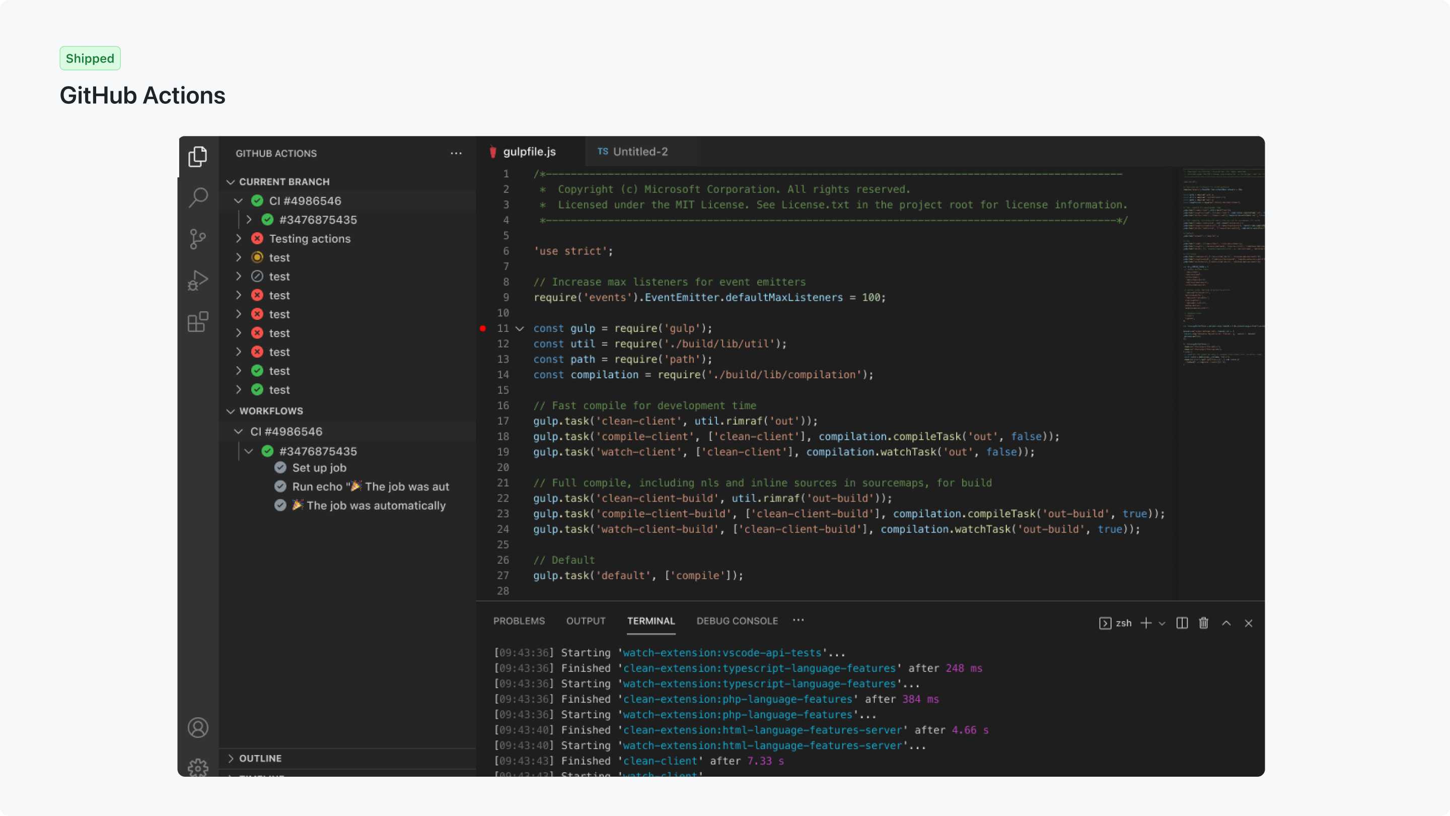 GitHub Actions product and VS Code integration UI — 3 of 7
