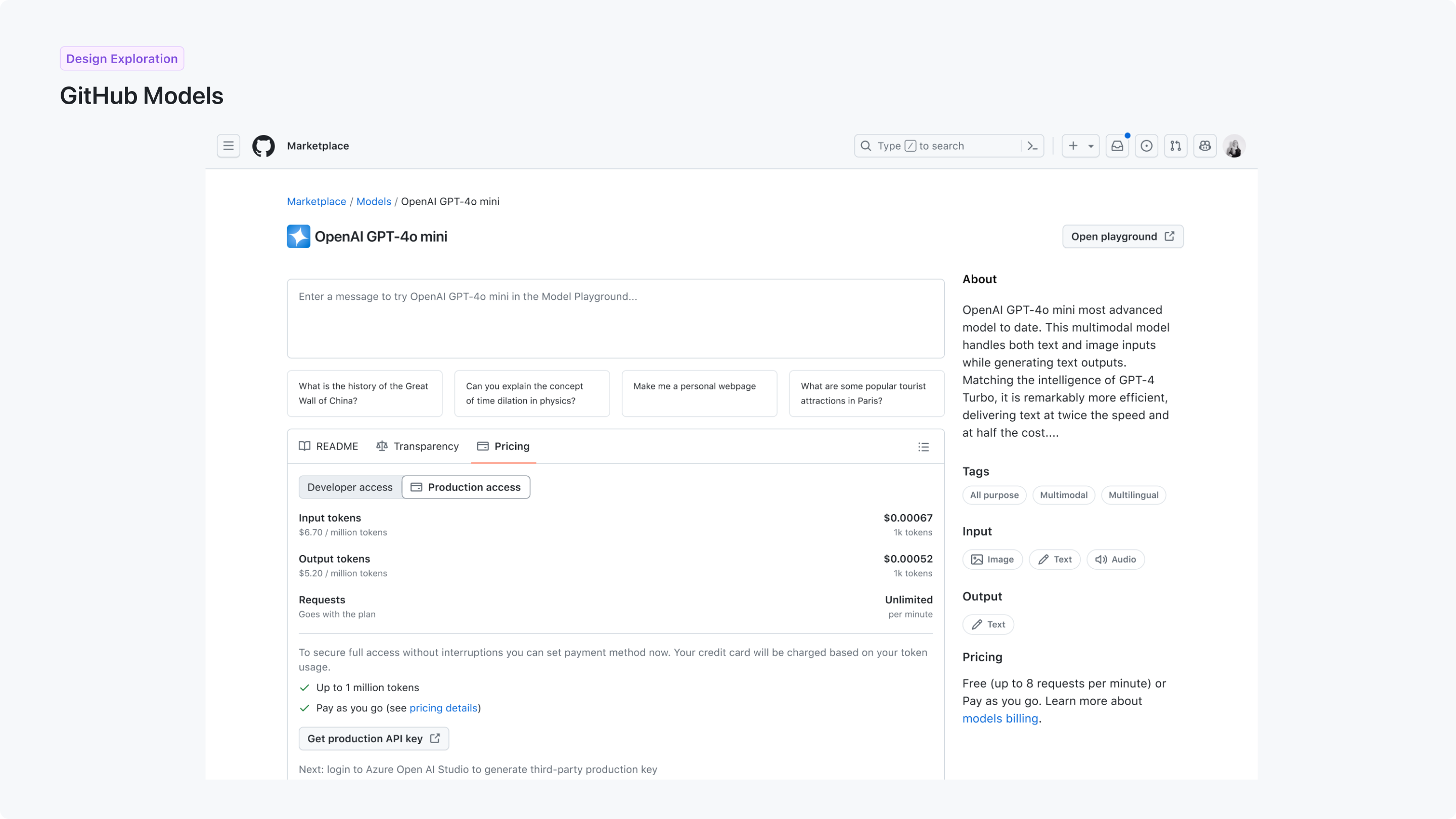 GitHub Models — Copilot Enterprise fine-tuned models, playground with API keys, model pricing, and setup help — 3 of 4