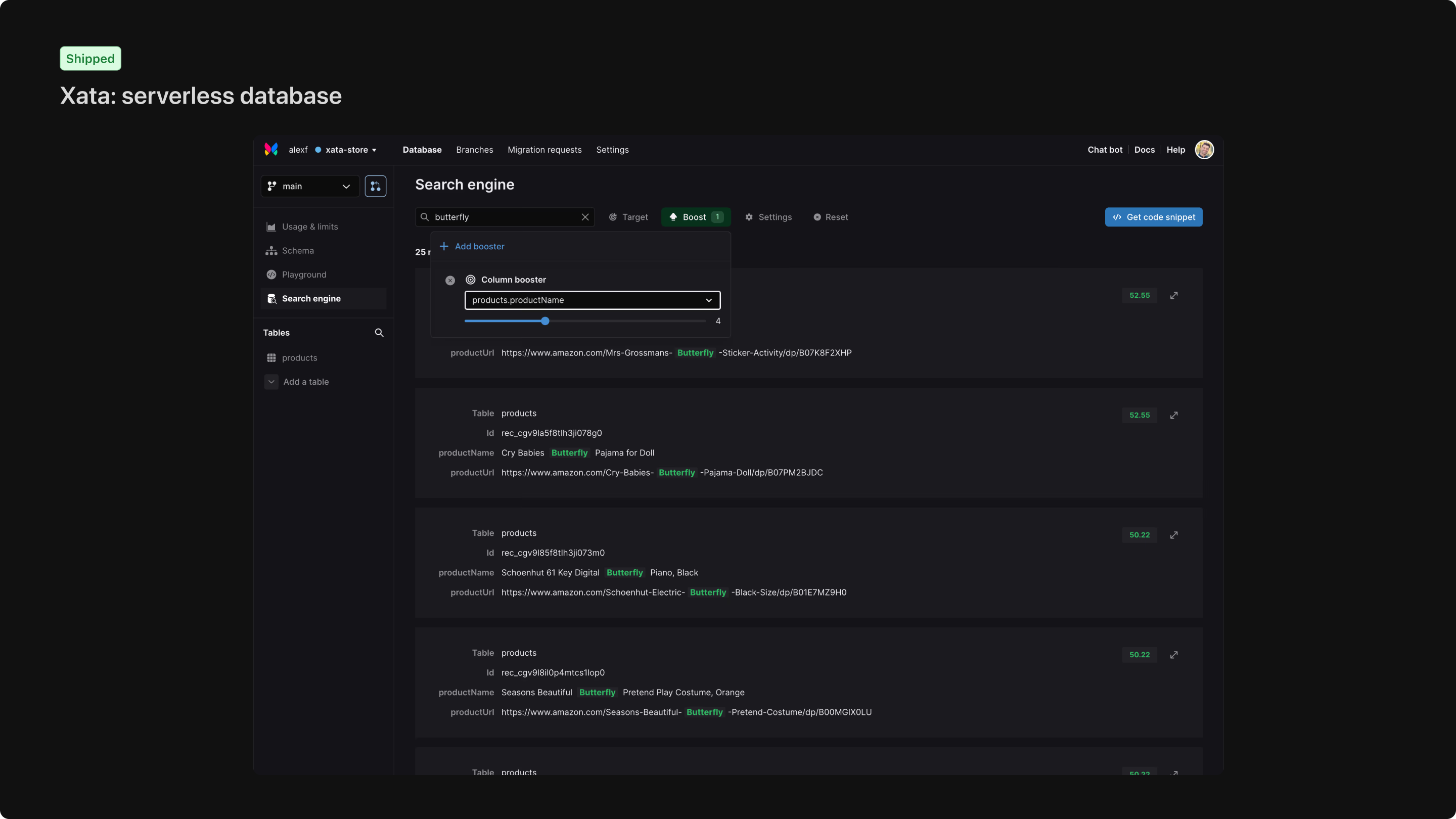Xata — code snippets modal, search engine with column boosters, and architecture (API, Postgres, S3, Cloudflare CDN) — 2 of 3